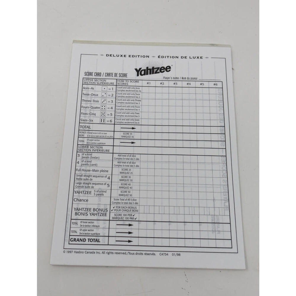 Yahtzee Score Card Pads  Deluxe Edition   E6100 1997 Original/OEM.